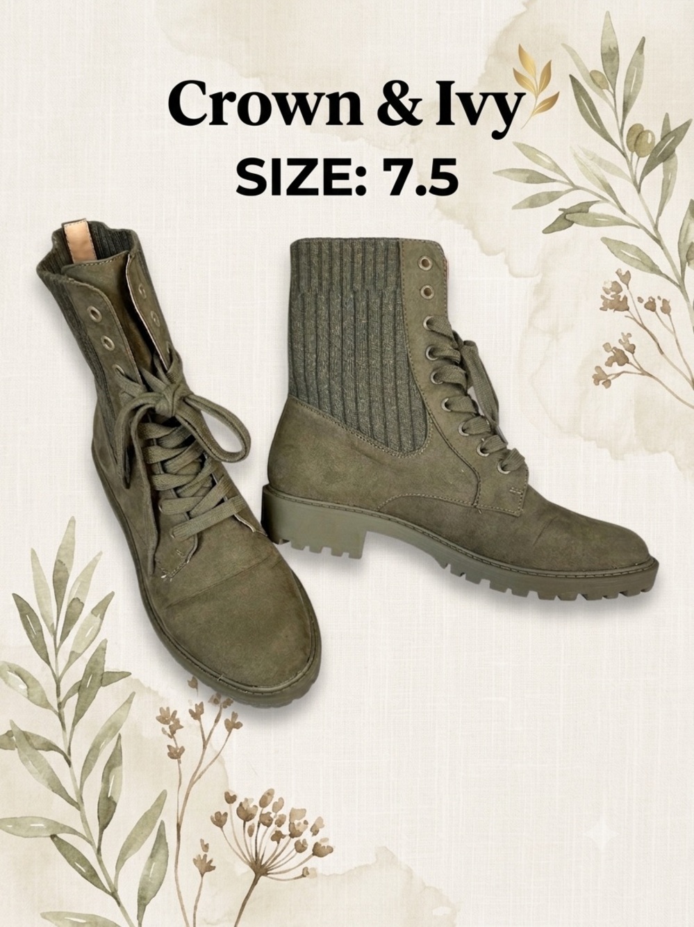 CROWN & IVY Alexis Olive Green Knit Combat Boots Lug Sole Faux Suede Chunky 7.5M